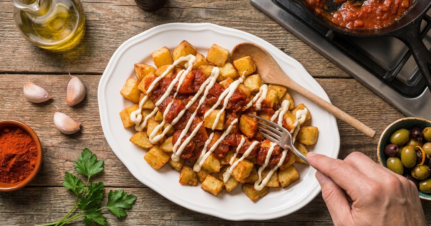 Patatas bravas piled on a serving plate with smoky tomato sauce spooned over and a light drizzle of aioli