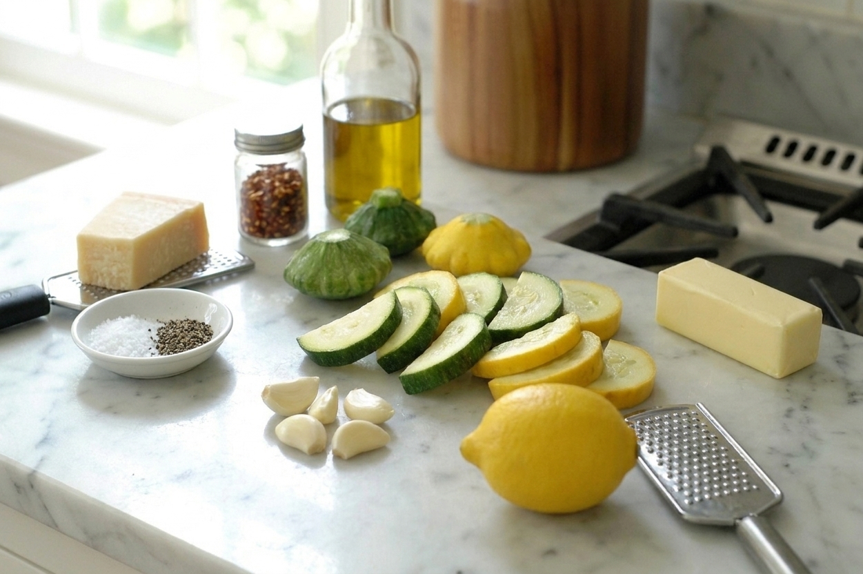 Patty pan squash, garlic cloves, lemon, Parmesan, olive oil, butter, salt, pepper, and red pepper flakes arranged on a light kitchen counter