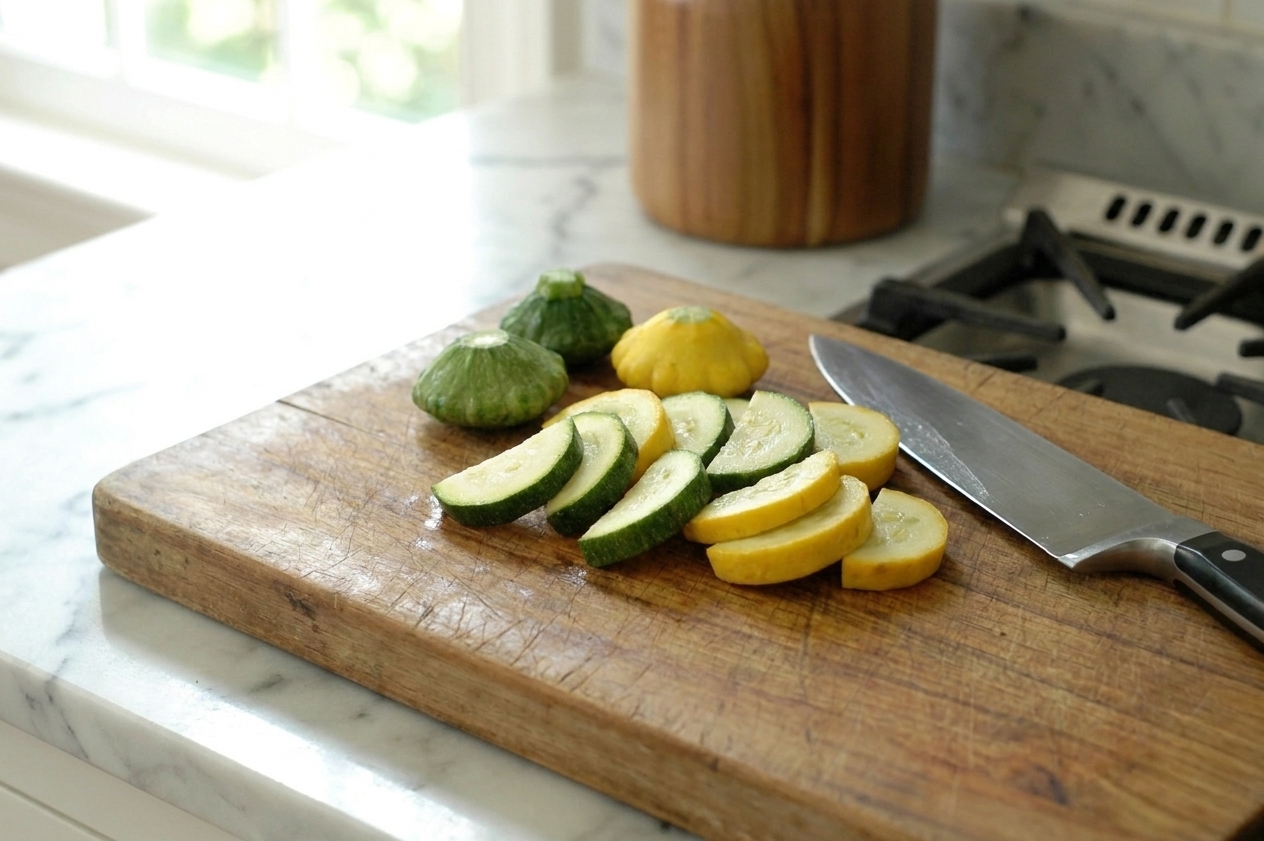Patty pan squash sliced into half-moons on a wooden cutting board with a chef's knife nearby, bright natural kitchen light