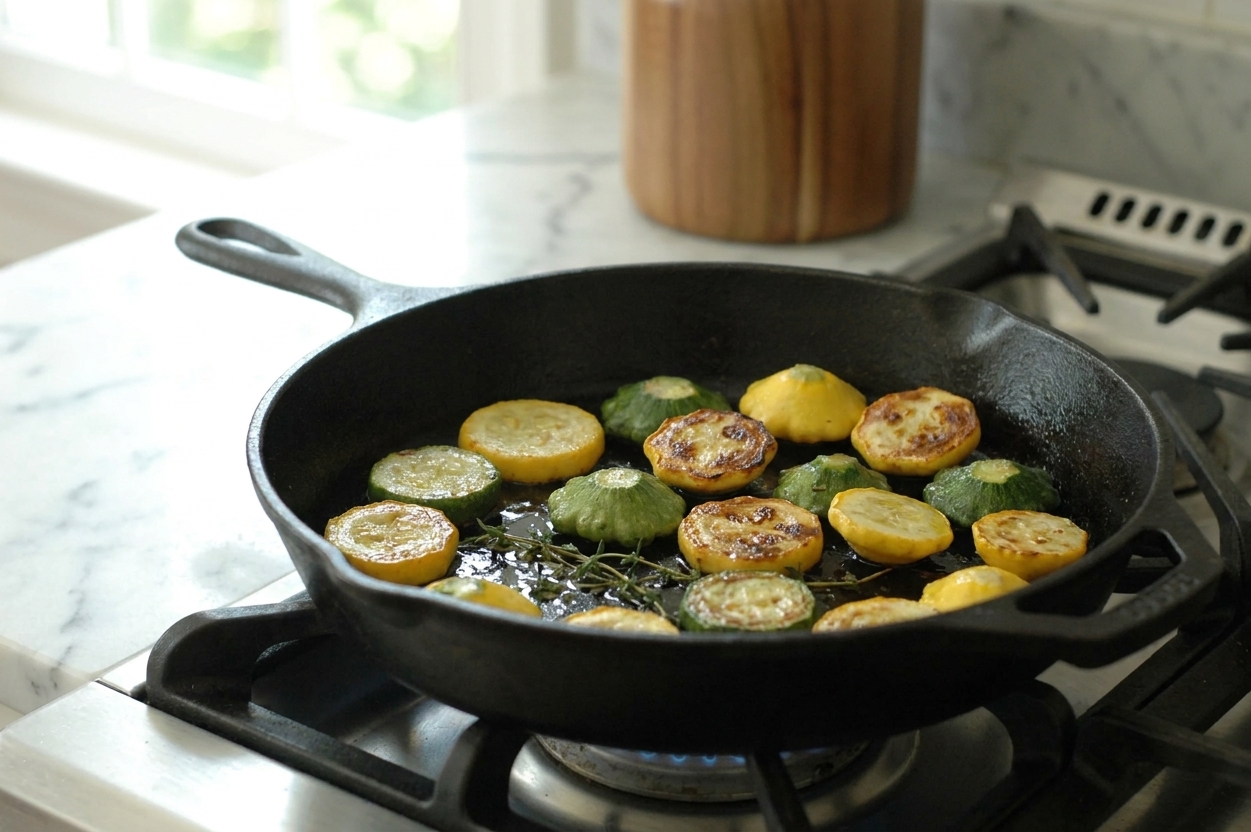Patty pan squash slices browning in a hot skillet with visible golden edges, photographed over a home stovetop