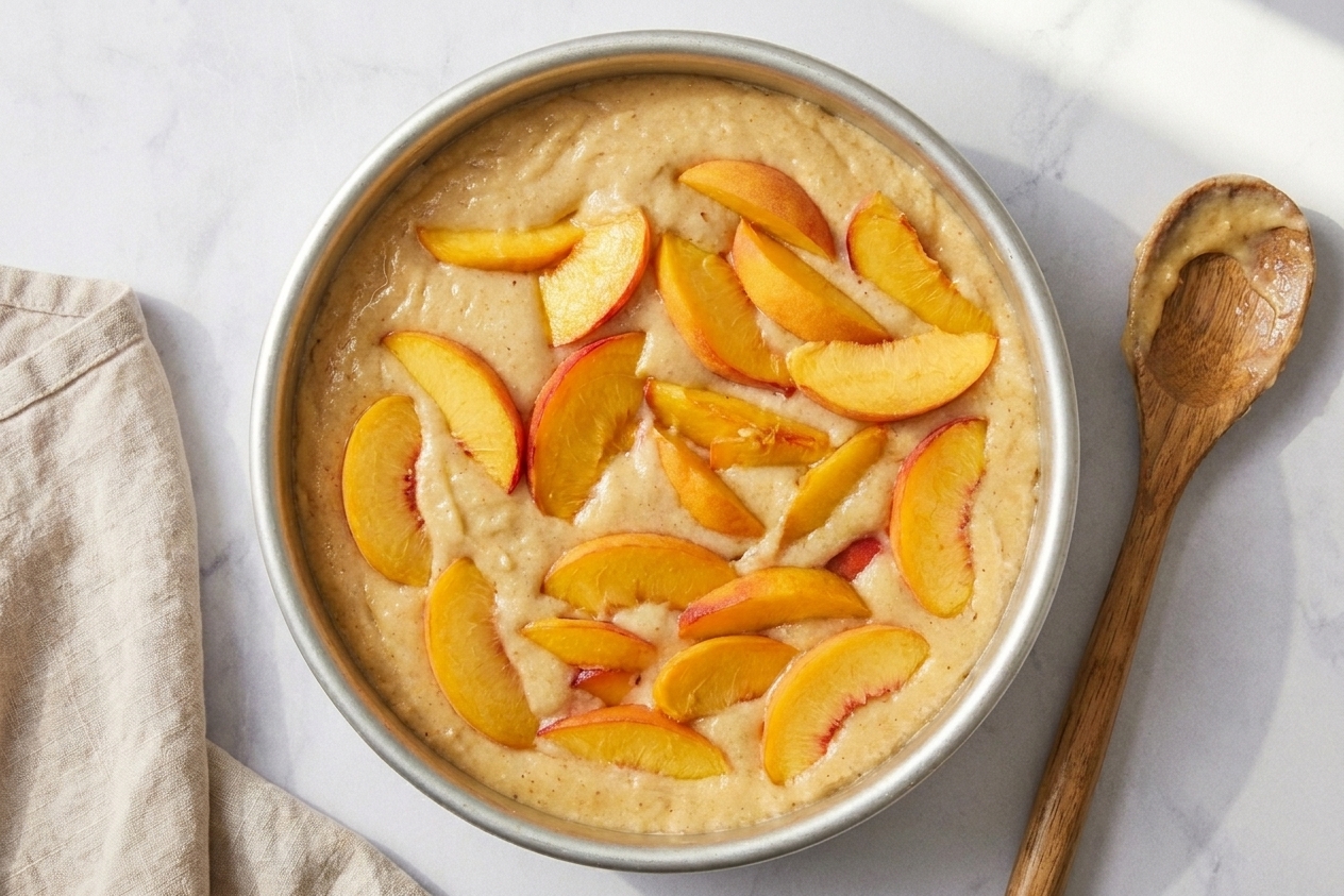 Peach cake batter spread in a round cake pan with peach pieces scattered on top before baking, overhead view on a light counter