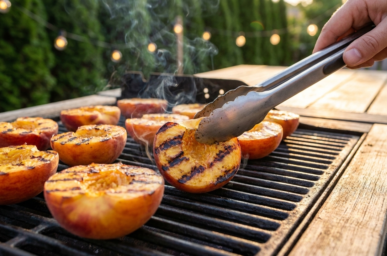 Peach halves grilling cut-side down on hot grill grates with caramelized grill marks forming, outdoor cooking scene in warm light