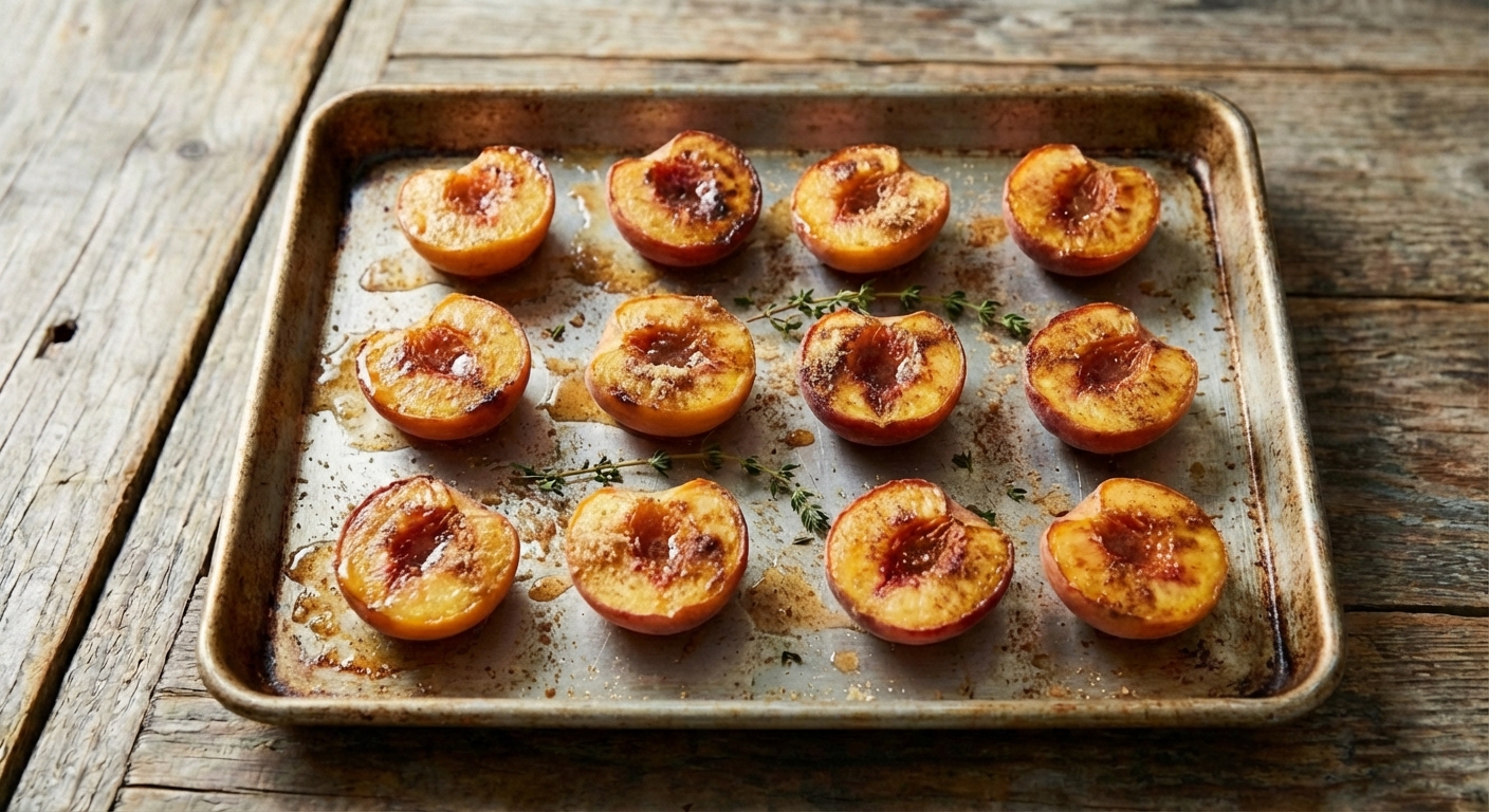 Peach halves roasting on a sheet pan with browned edges