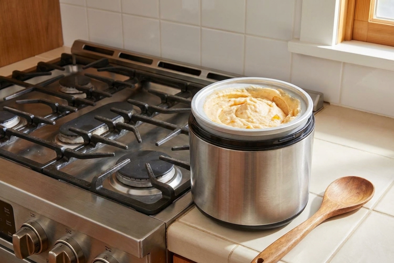 Peach ice cream base churning inside an ice cream maker with a spoon resting nearby on a bright kitchen counter