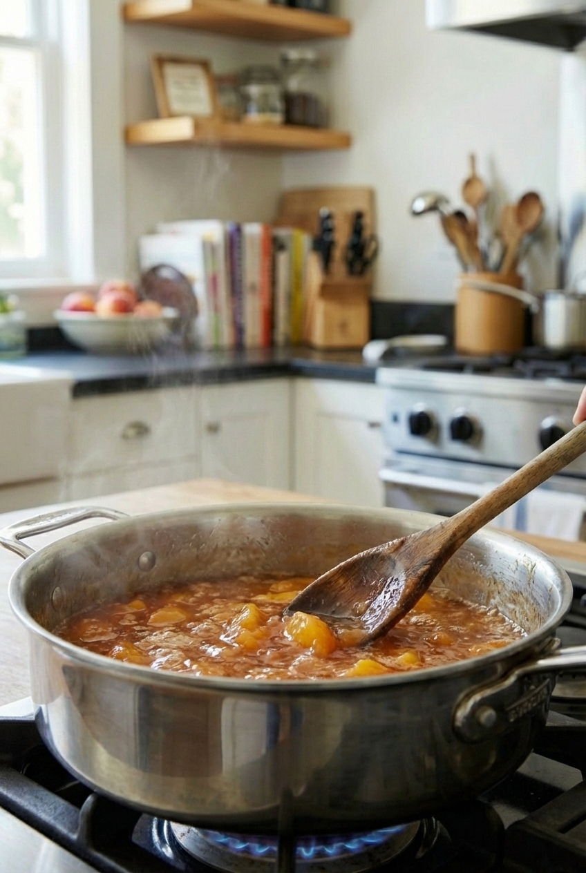Peach jam simmering in a pot with a wooden spoon stirring, glossy and bubbling