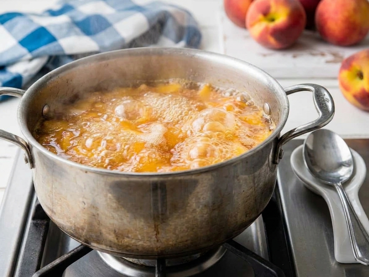 Peach jelly mixture at a vigorous rolling boil in a large pot on a stovetop, with a spoon nearby