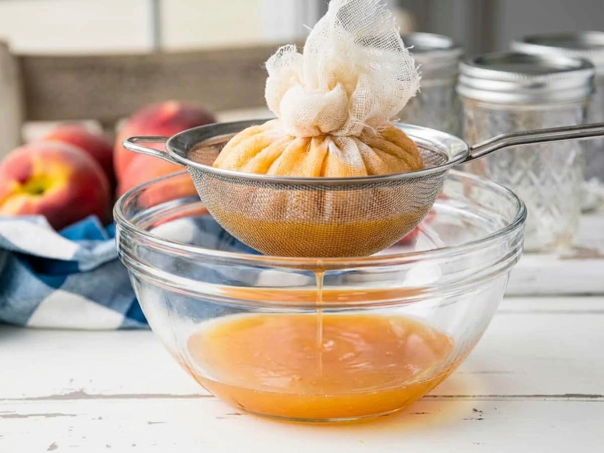 Peach juice dripping through cheesecloth set in a fine-mesh strainer over a large glass bowl on a kitchen counter