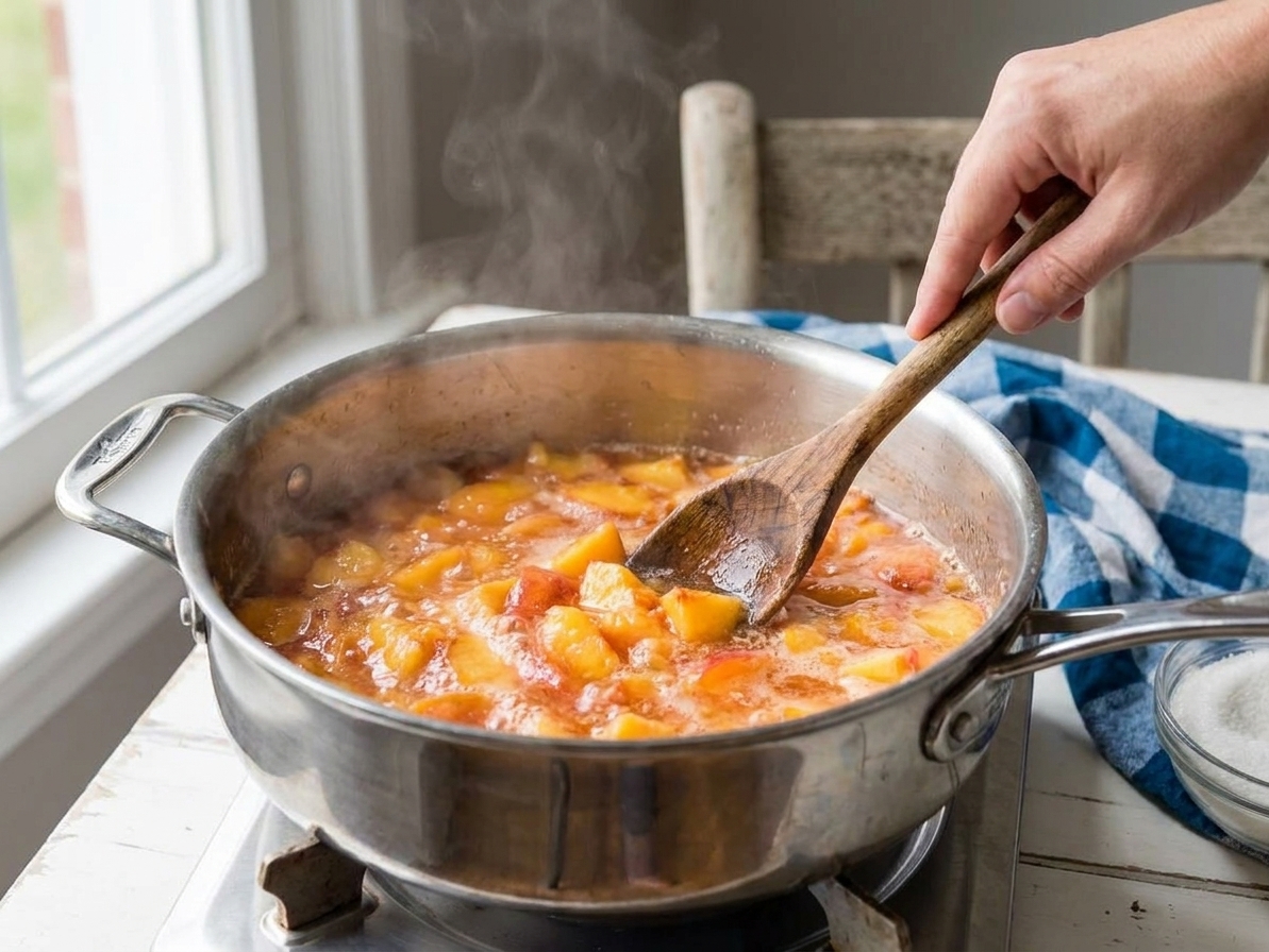Peach pieces bubbling in a wide stainless steel pot on a stovetop, with a wooden spoon stirring the mixture