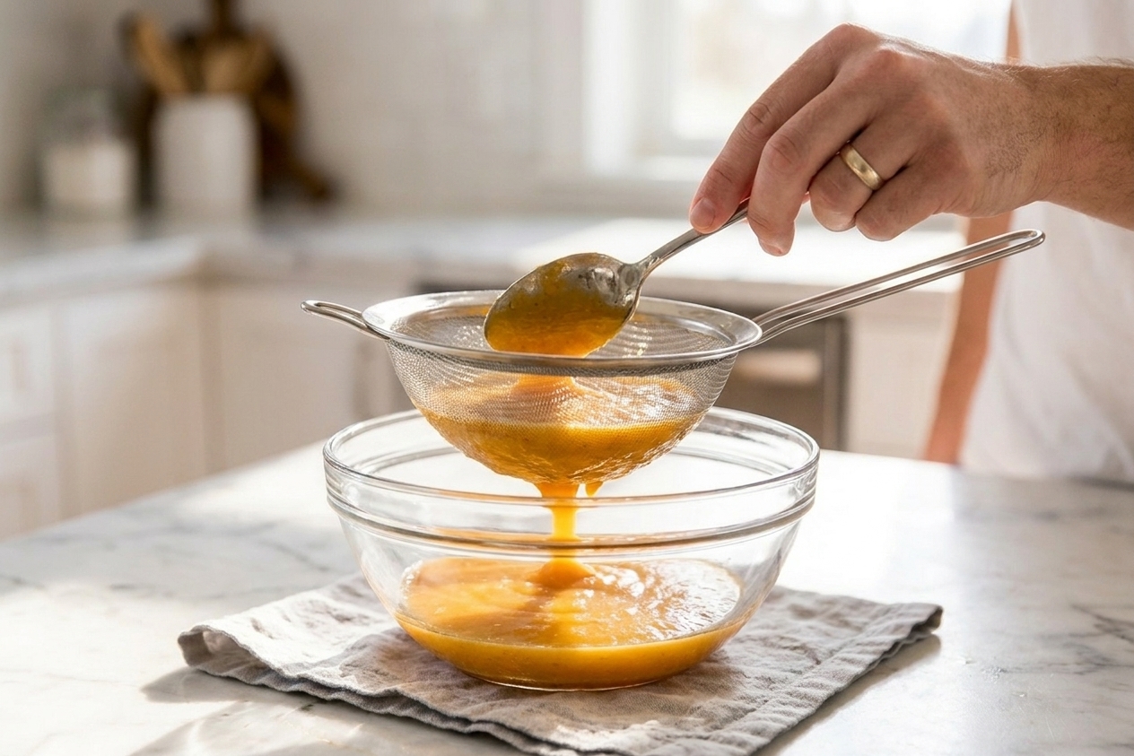 Peach puree being pressed through a fine-mesh sieve into a bowl with a spoon on a bright kitchen counter