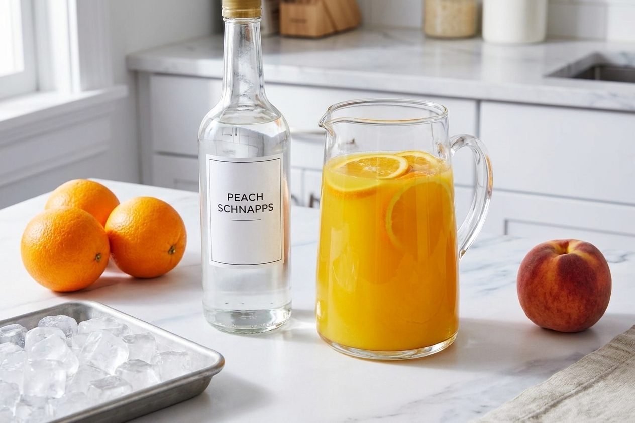 Peach schnapps bottle, a glass carafe of orange juice, fresh oranges, a peach, and a tray of ice on a tidy kitchen counter