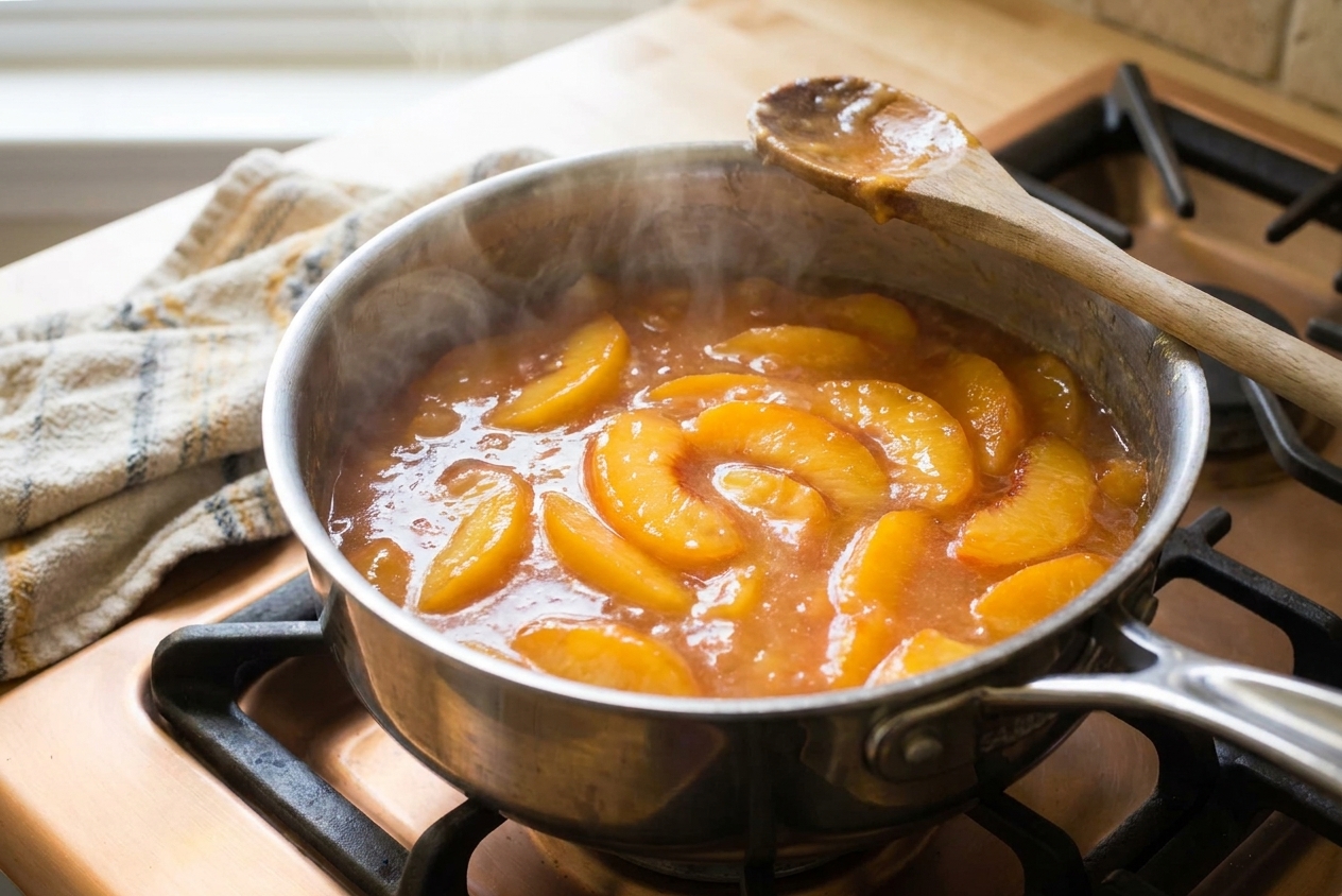 Peach slices gently simmering in a saucepan on a stovetop with steam rising
