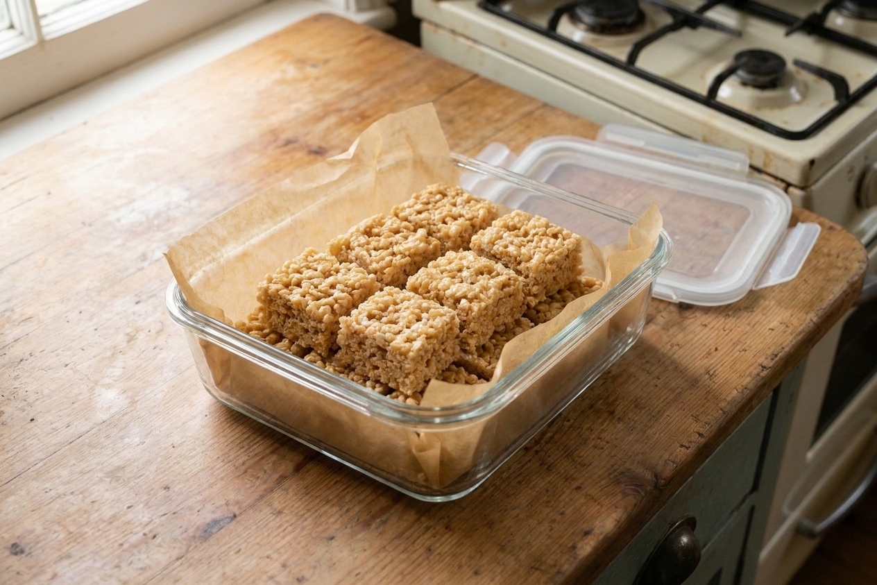 Peanut butter Rice Krispie treat squares stacked in an airtight container lined with parchment paper on a kitchen counter