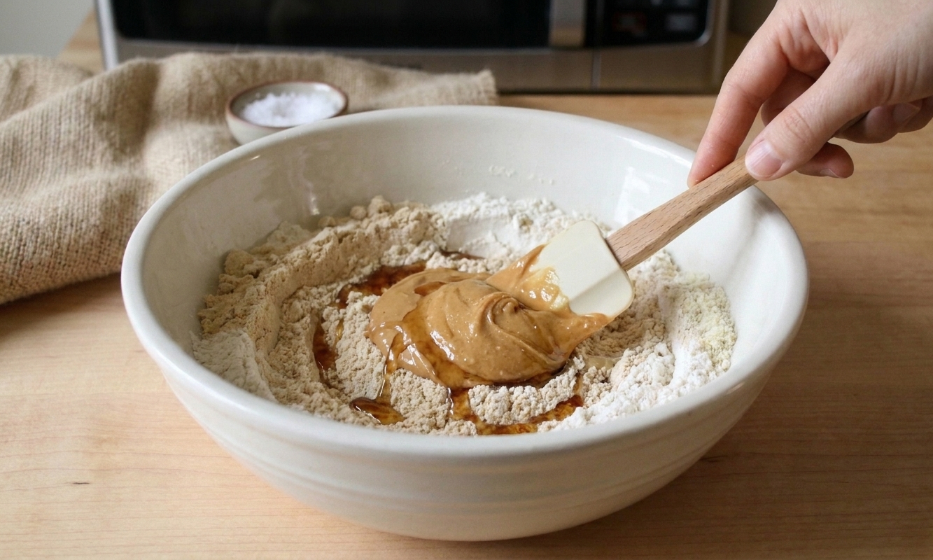 Peanut butter and maple syrup being stirred into the dry mixture with a rubber spatula in a mixing bowl