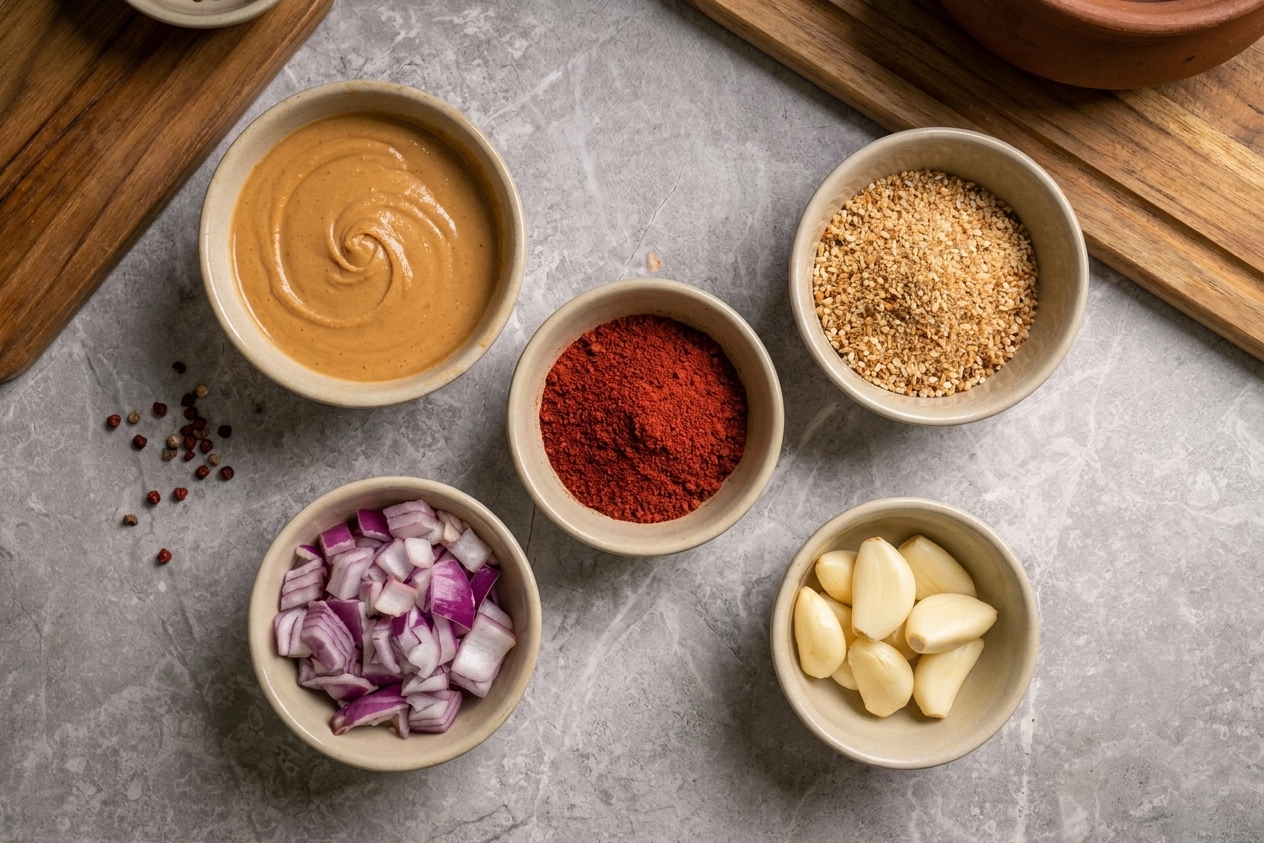 Peanut butter, annatto powder, toasted ground rice, onion, and garlic measured in small bowls on a kitchen counter