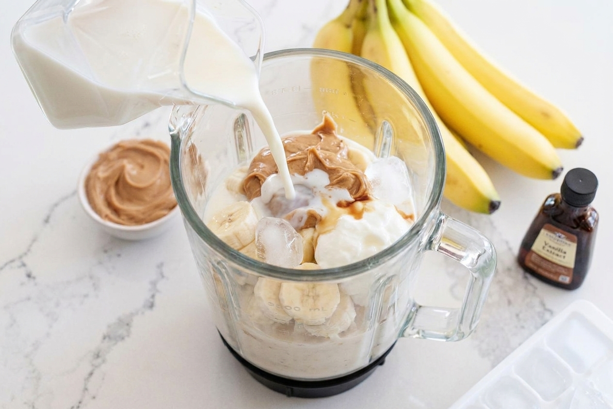 Peanut butter, banana, yogurt, milk, vanilla, and ice arranged on a bright kitchen counter ready for blending