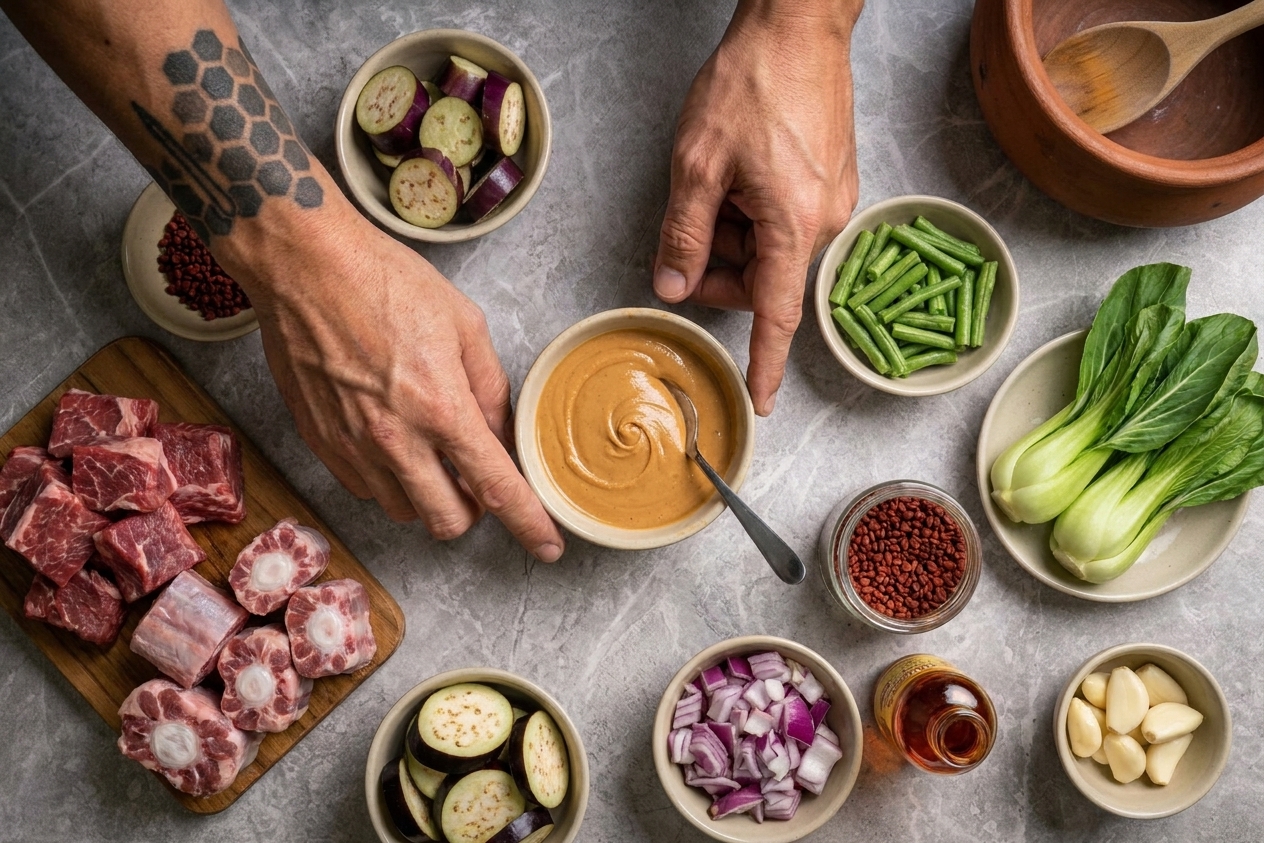 Peanut butter, beef, eggplant, bok choy, string beans, onion, garlic, and annatto on a kitchen counter ready to prep for kare-kare