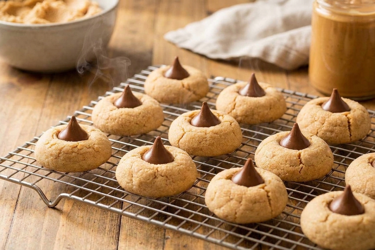 Peanut butter blossoms with chocolate kisses cooling on a wire rack on a warm lit kitchen counter