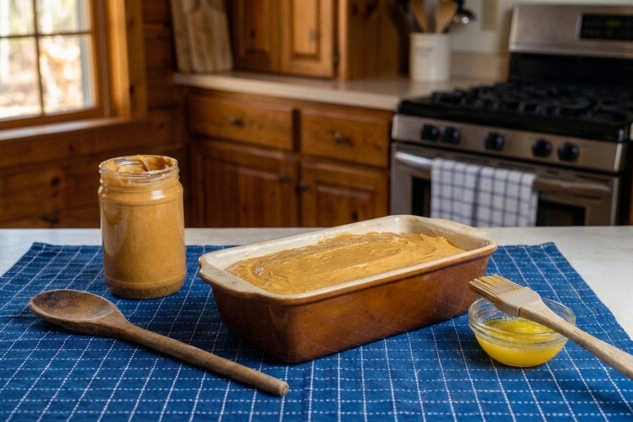 Peanut butter bread batter smoothed in a greased loaf pan on a kitchen counter