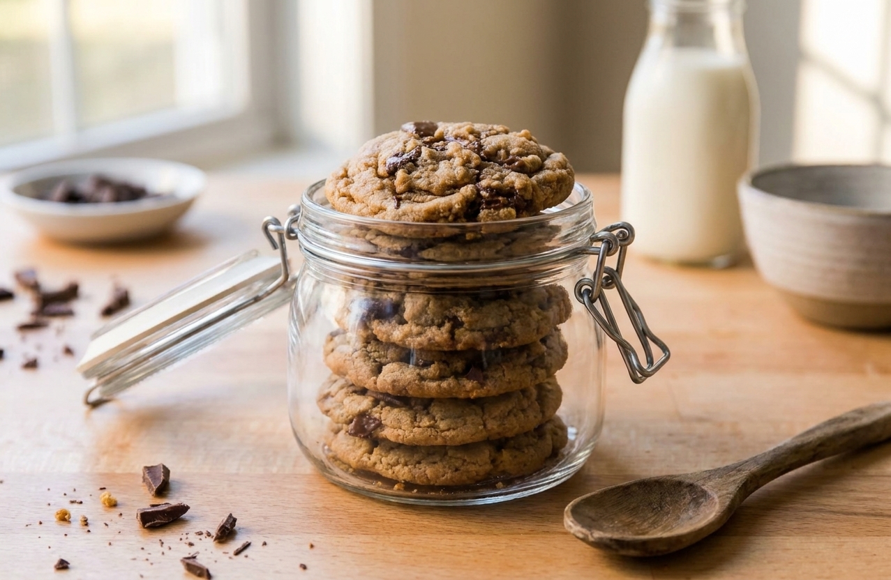 Peanut butter chocolate chip cookies stacked in a clear airtight container on a kitchen counter