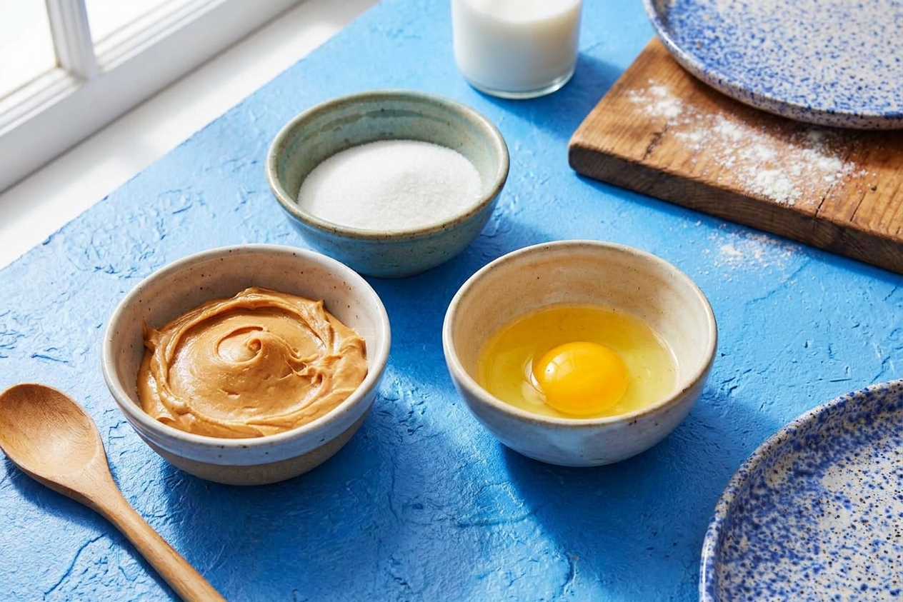 Peanut butter, granulated sugar, and a cracked egg in small bowls on a clean kitchen counter