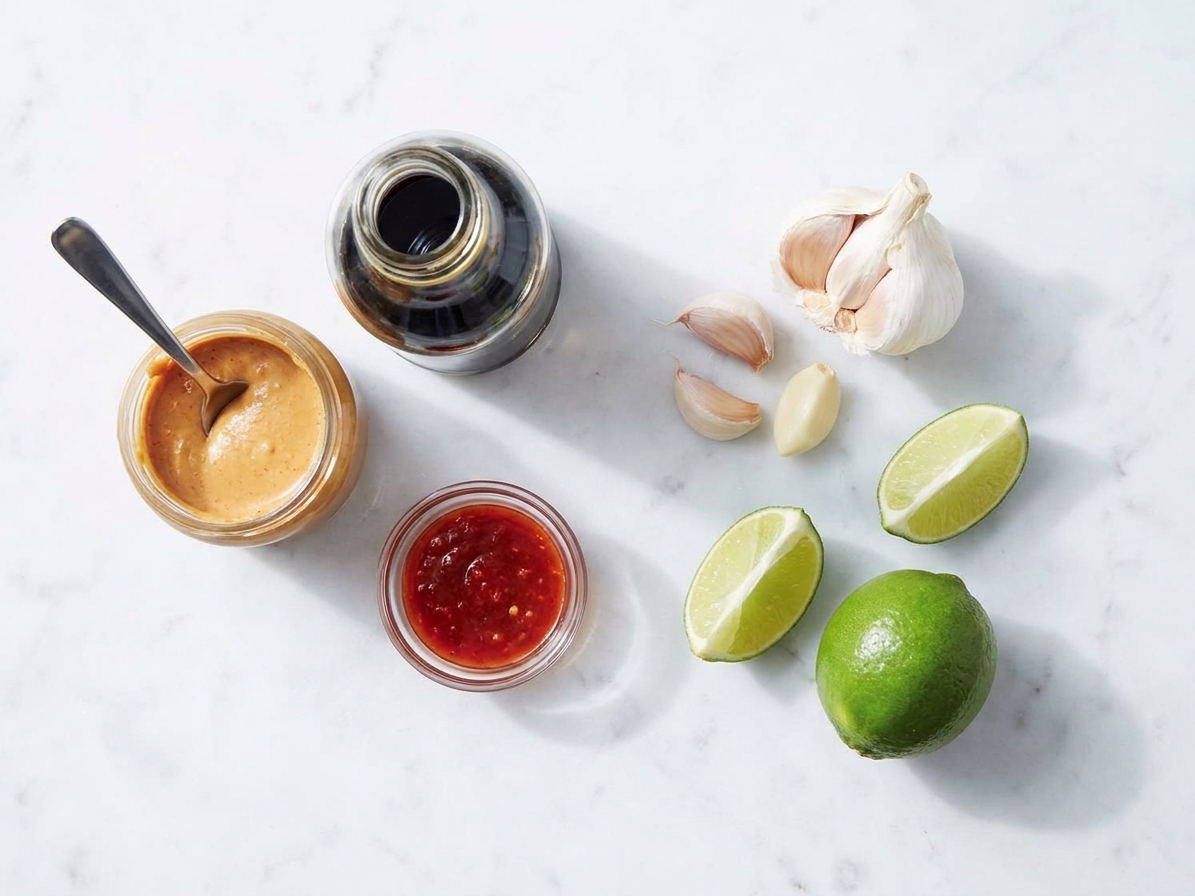 Peanut butter, soy sauce, lime, garlic, and chili sauce arranged on a clean kitchen counter