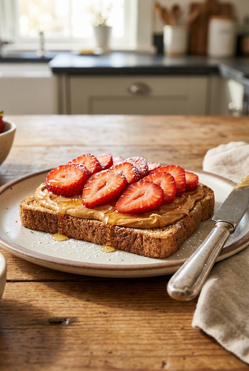 Peanut butter spread on whole wheat toast with sliced strawberries