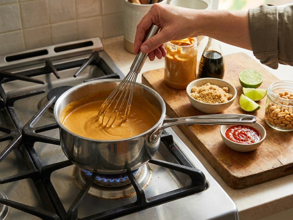 Peanut dipping sauce being whisked in a small saucepan on the stove until smooth