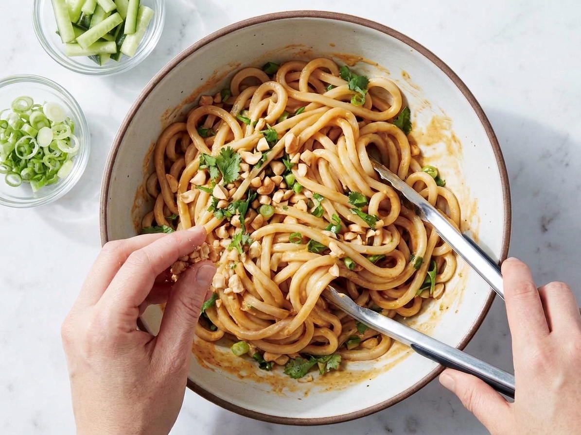 Peanut noodles being topped with cucumber, scallions, and chopped peanuts before serving