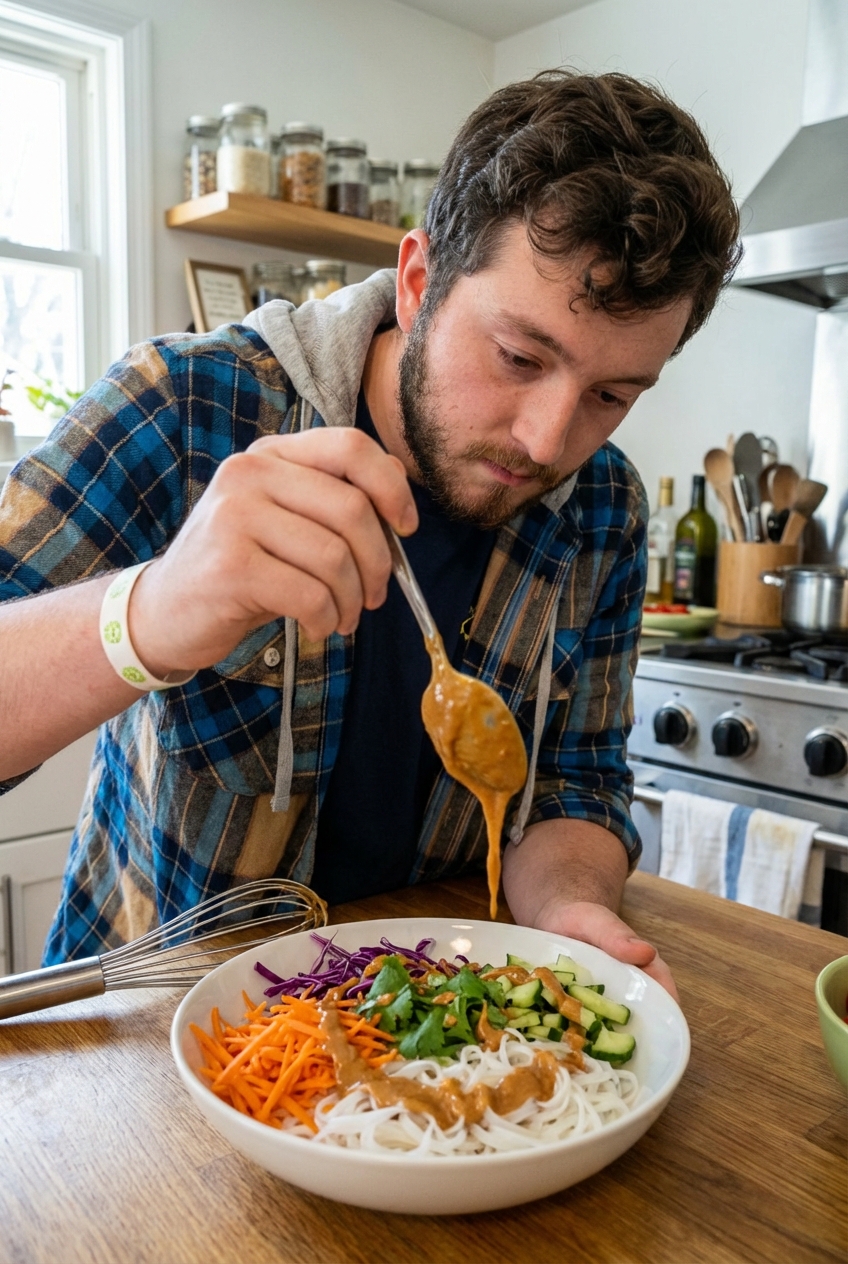 Peanut sauce being drizzled over a noodle bowl with shredded vegetables