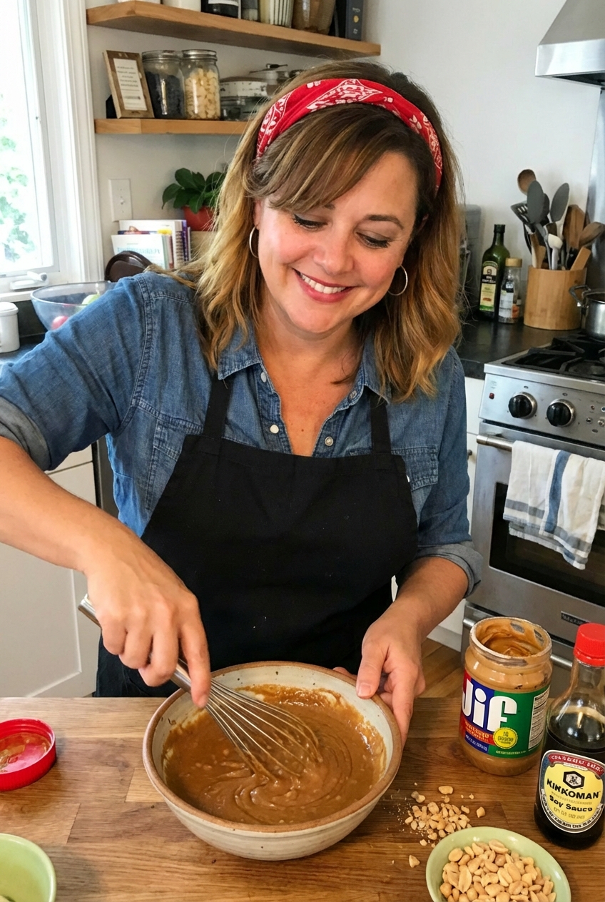 Peanut sauce being whisked in a bowl on a kitchen counter