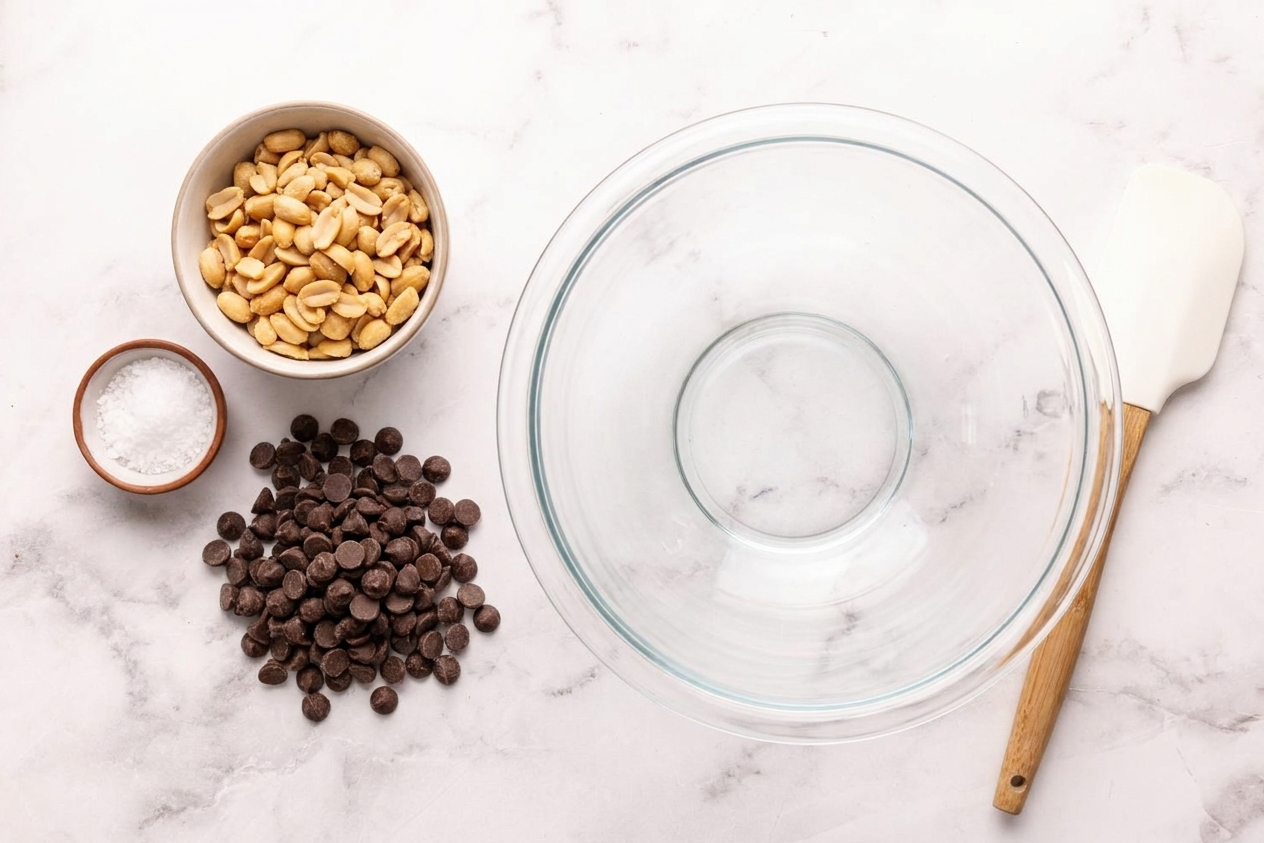 Peanuts and chocolate chips measured on a kitchen counter beside a mixing bowl and spatula