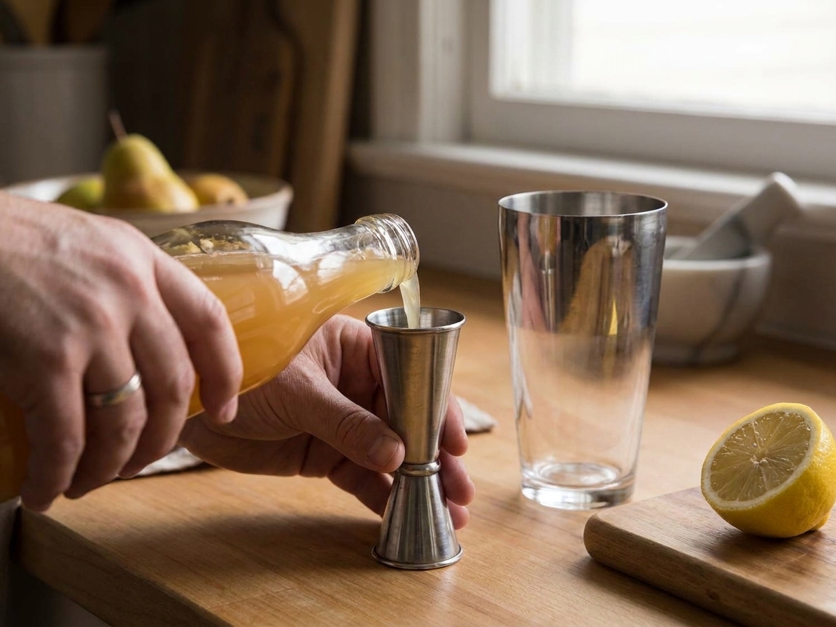 Pear nectar being poured into a metal jigger on a kitchen counter beside a cocktail shaker and a halved lemon