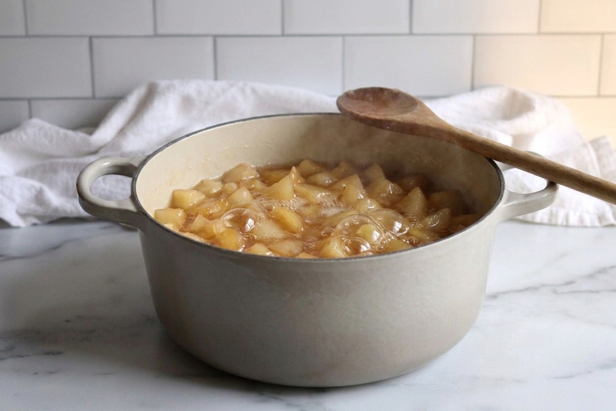 Pear preserves simmering in a pot as they thicken, with visible bubbling syrup in a home kitchen