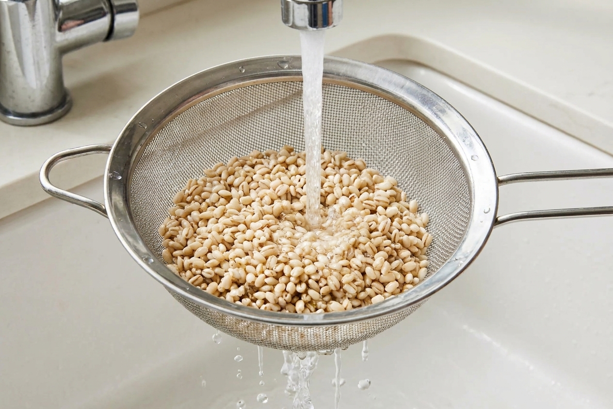 Pearl barley being rinsed under cool running water in a fine mesh strainer over a sink, close-up kitchen action shot