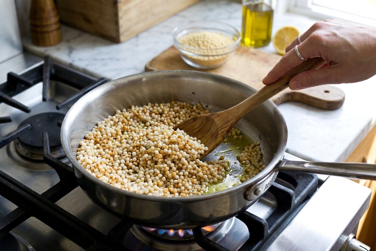 Pearl couscous being stirred in a saucepan with olive oil as it toasts on a stovetop, captured mid-cooking action