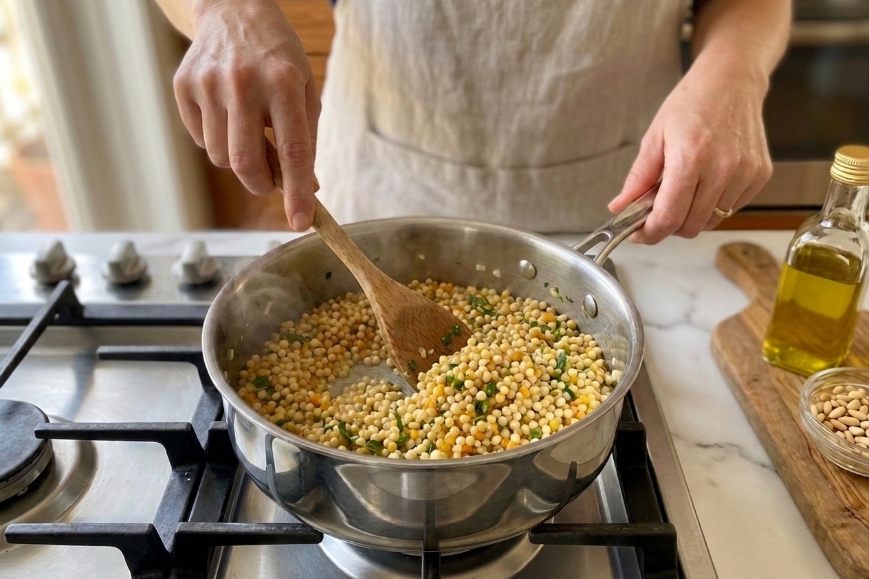 Pearl couscous being stirred while toasting in a saucepan, a few pearls turning golden