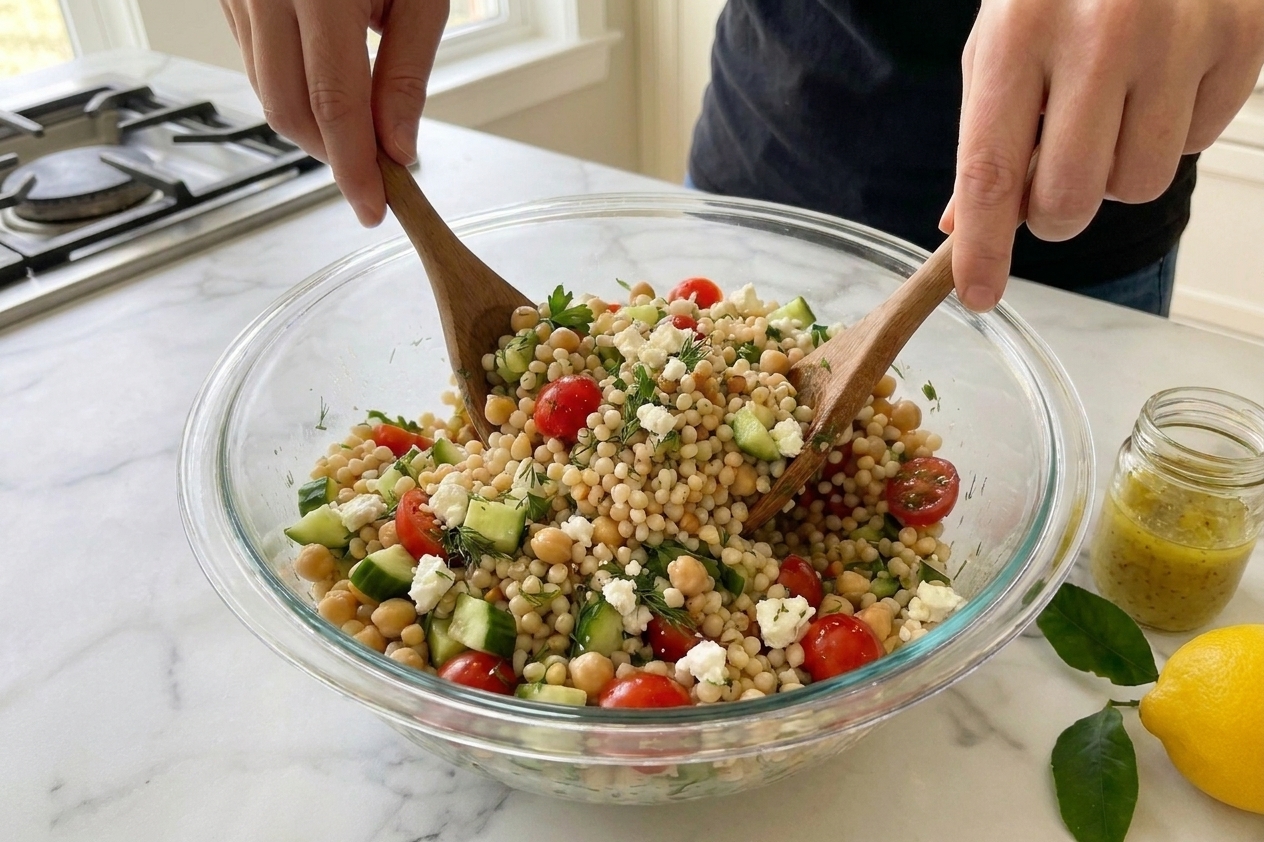 Pearl couscous, canned chickpeas, lemons, cucumbers, cherry tomatoes, feta, olive oil, Dijon mustard, garlic, and fresh herbs arranged on a clean kitchen counter in natural light