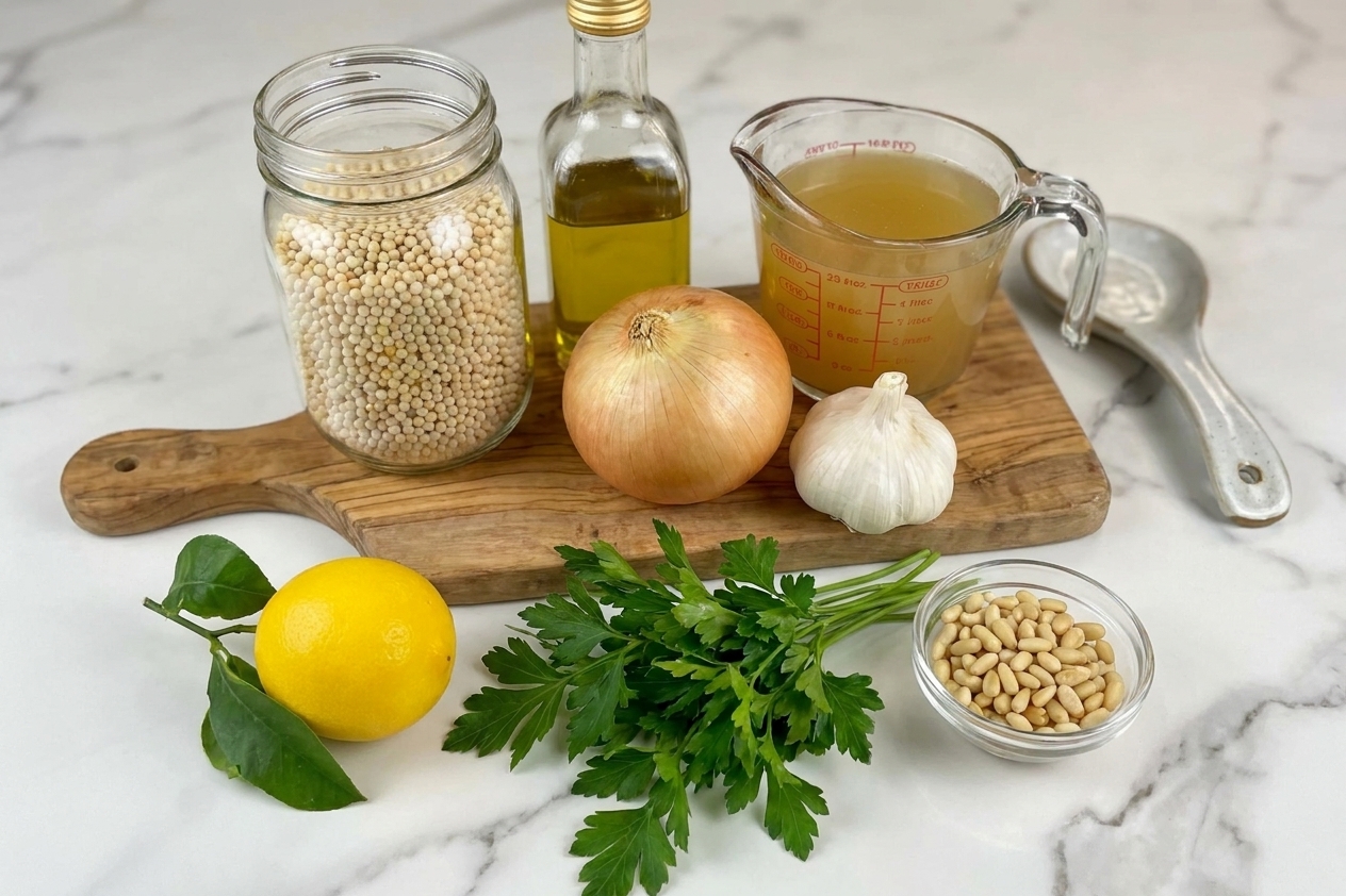 Pearl couscous, olive oil, onion, garlic, chicken broth, lemon, parsley, and pine nuts arranged on a clean kitchen counter in soft daylight