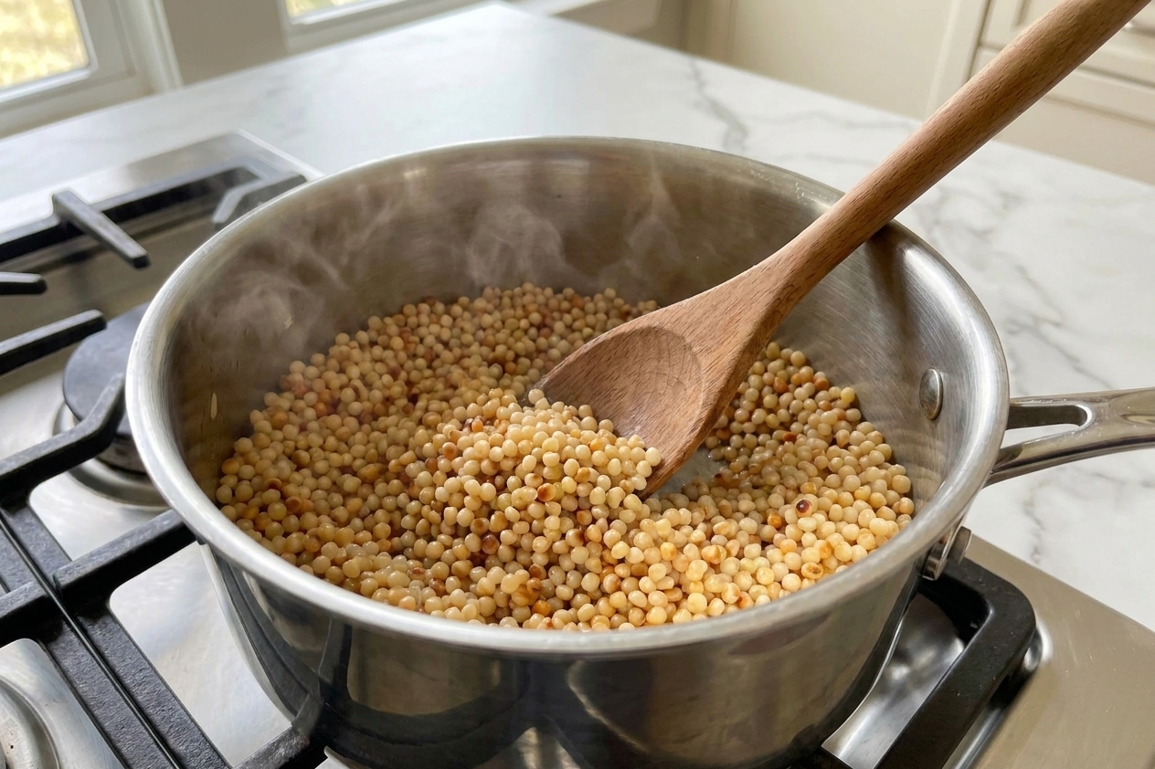 Pearl couscous toasting in a saucepan on a stovetop with a wooden spoon stirring as the pearls turn lightly golden