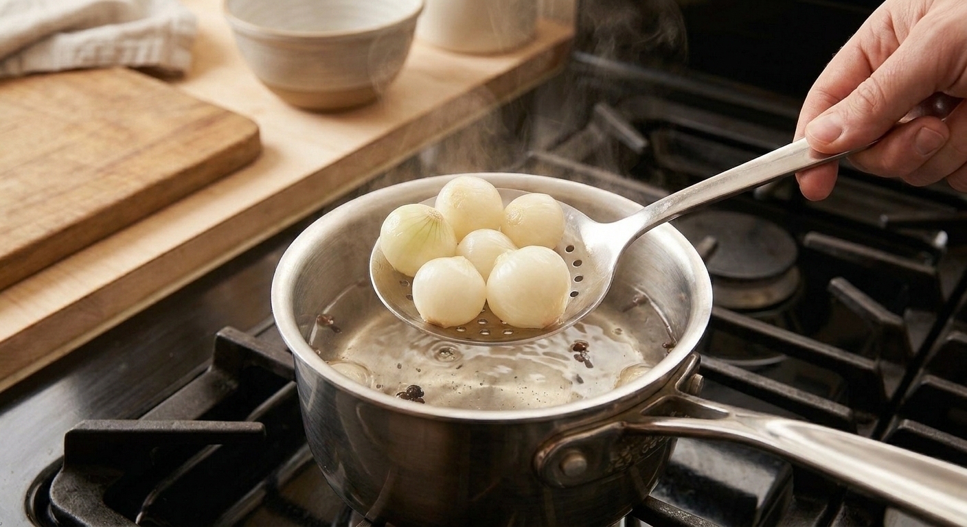 Pearl onions being lifted from boiling water with a slotted spoon above a pot on a home stove