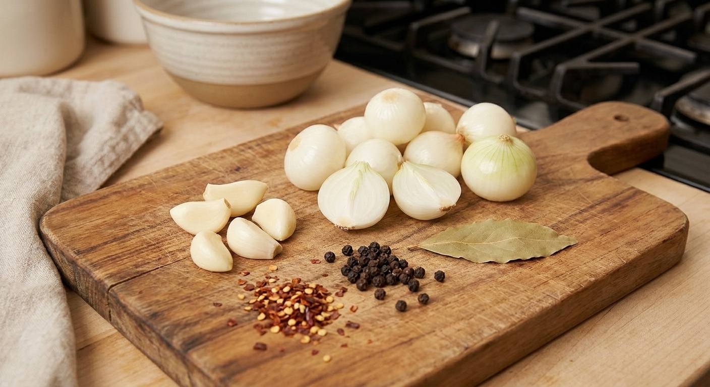 Pearl onions, peeled garlic cloves, peppercorns, red pepper flakes, and bay leaf arranged on a cutting board on a cozy kitchen counter
