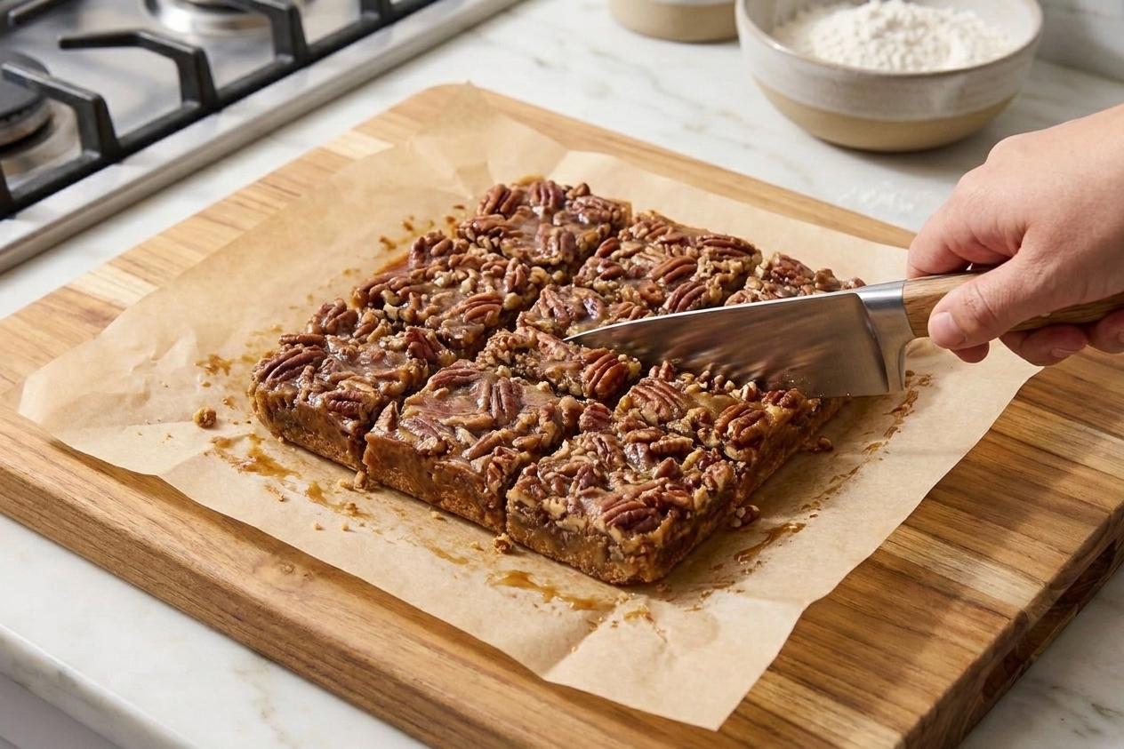 Pecan bars cut into squares on parchment paper with a knife on a wooden cutting board
