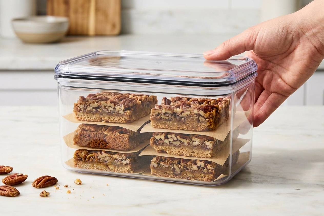 Pecan bars stacked with parchment paper in an airtight container on a kitchen counter