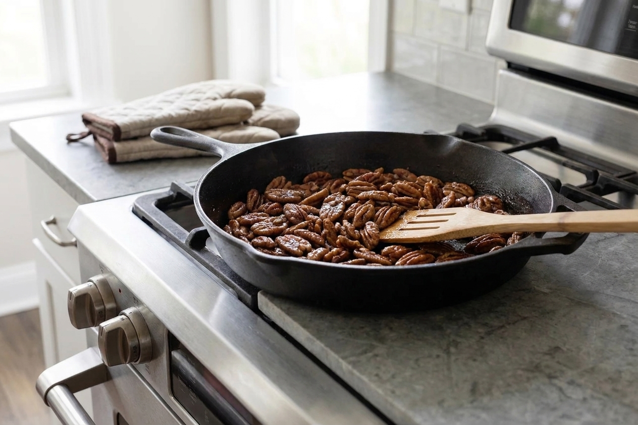 Pecan halves being stirred in a warm skillet as they lightly toast on the stovetop