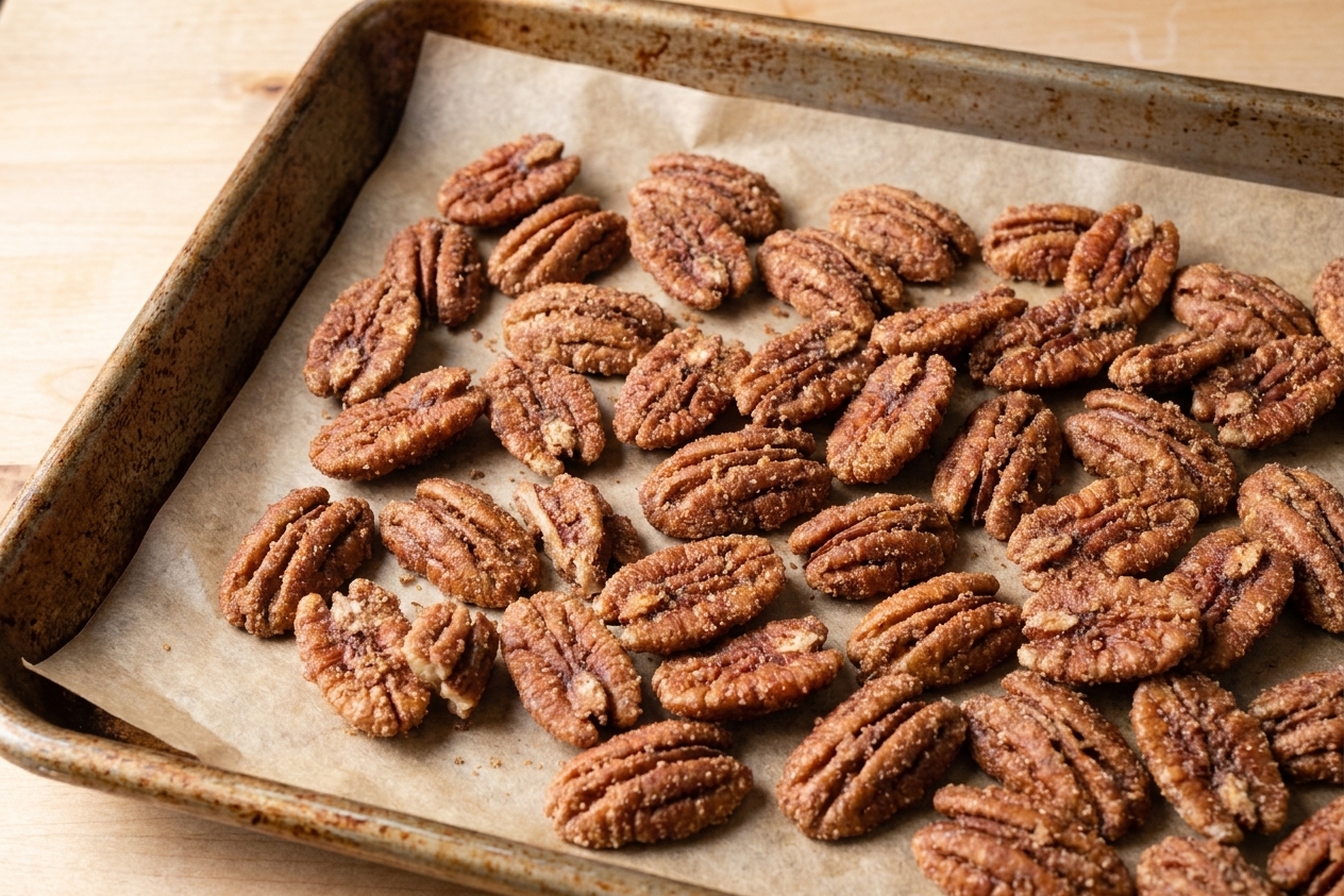 Pecan halves coated in brown sugar and spices spread in a single layer on a parchment-lined baking sheet