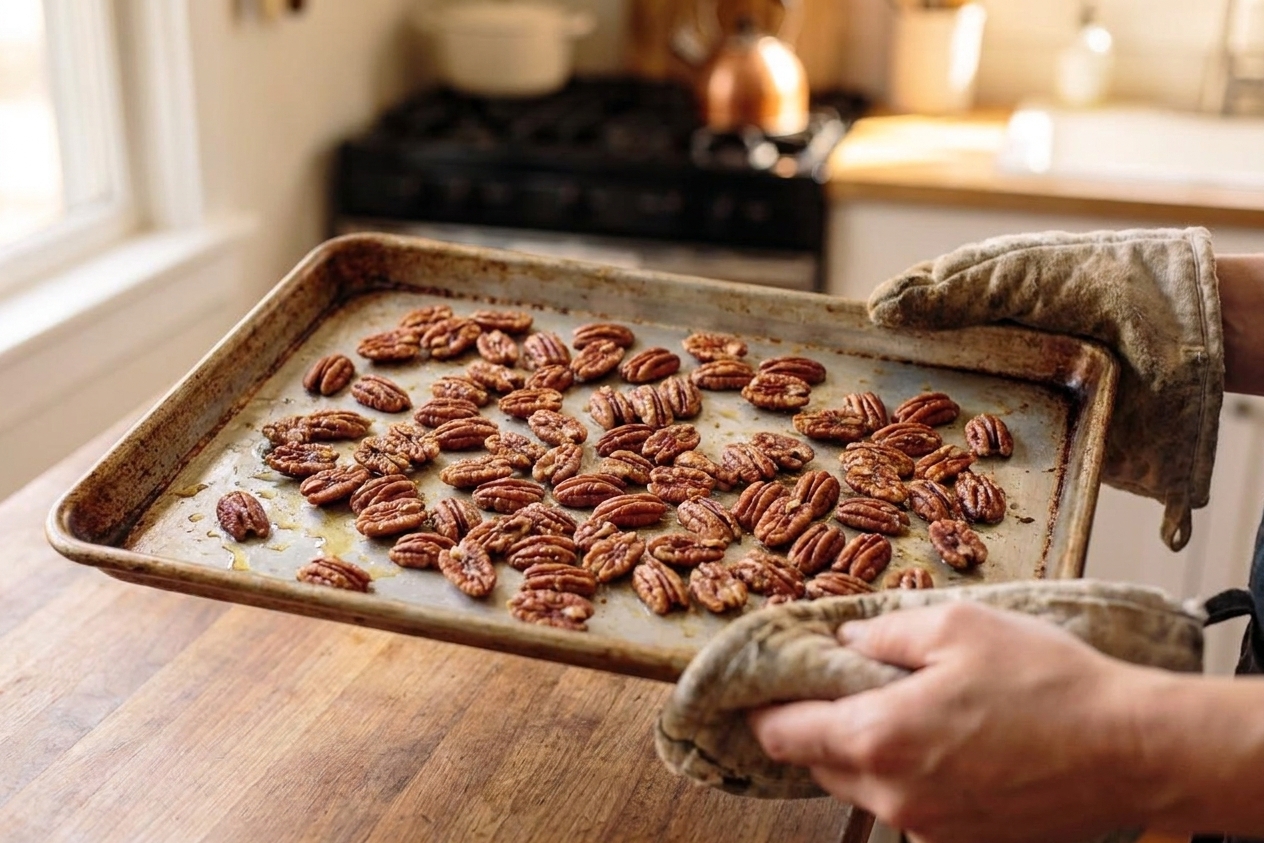 Pecan halves spread on a rimmed baking sheet, lightly toasted in a warm kitchen setting
