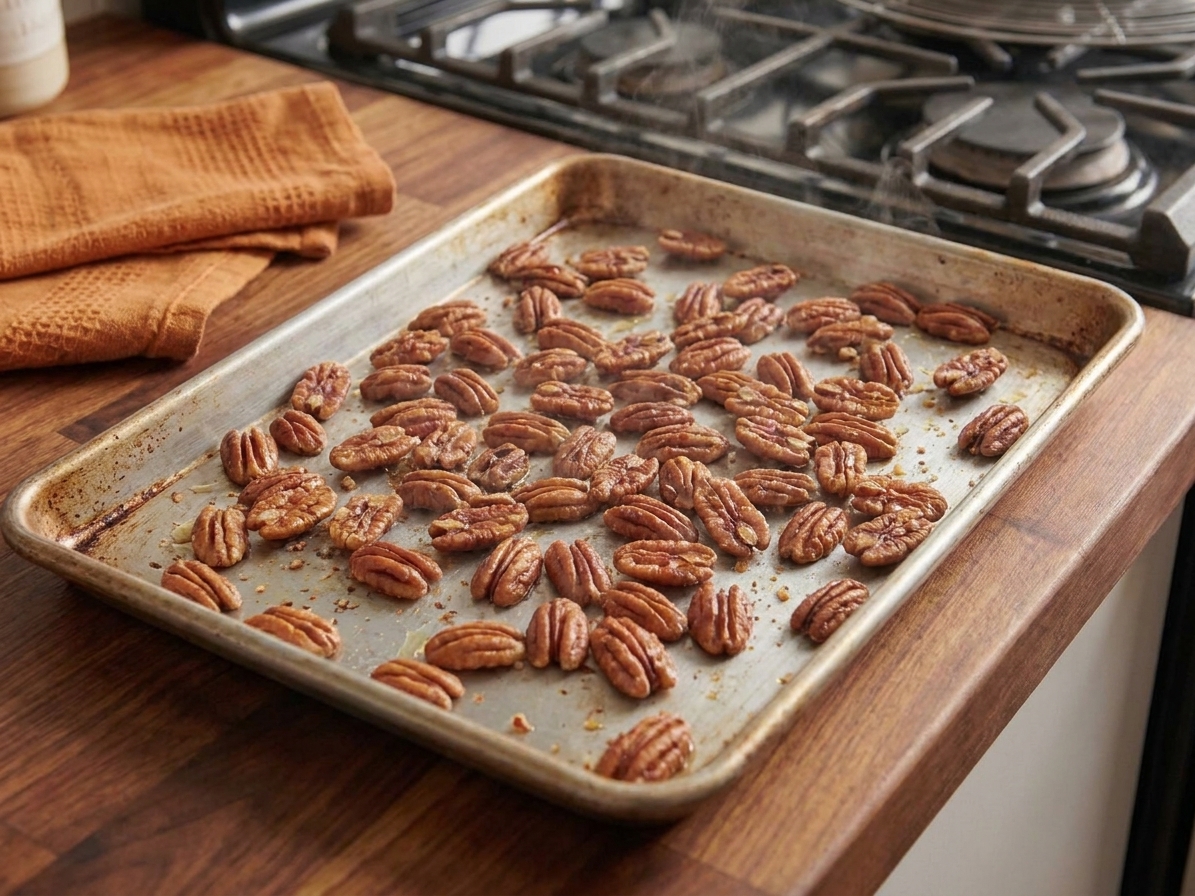 Pecan halves spread on a sheet pan, lightly toasted and fragrant