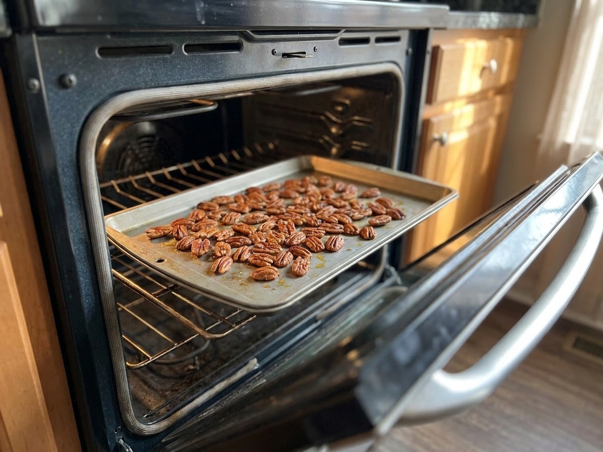 Pecan halves toasting on a metal baking sheet in a home oven