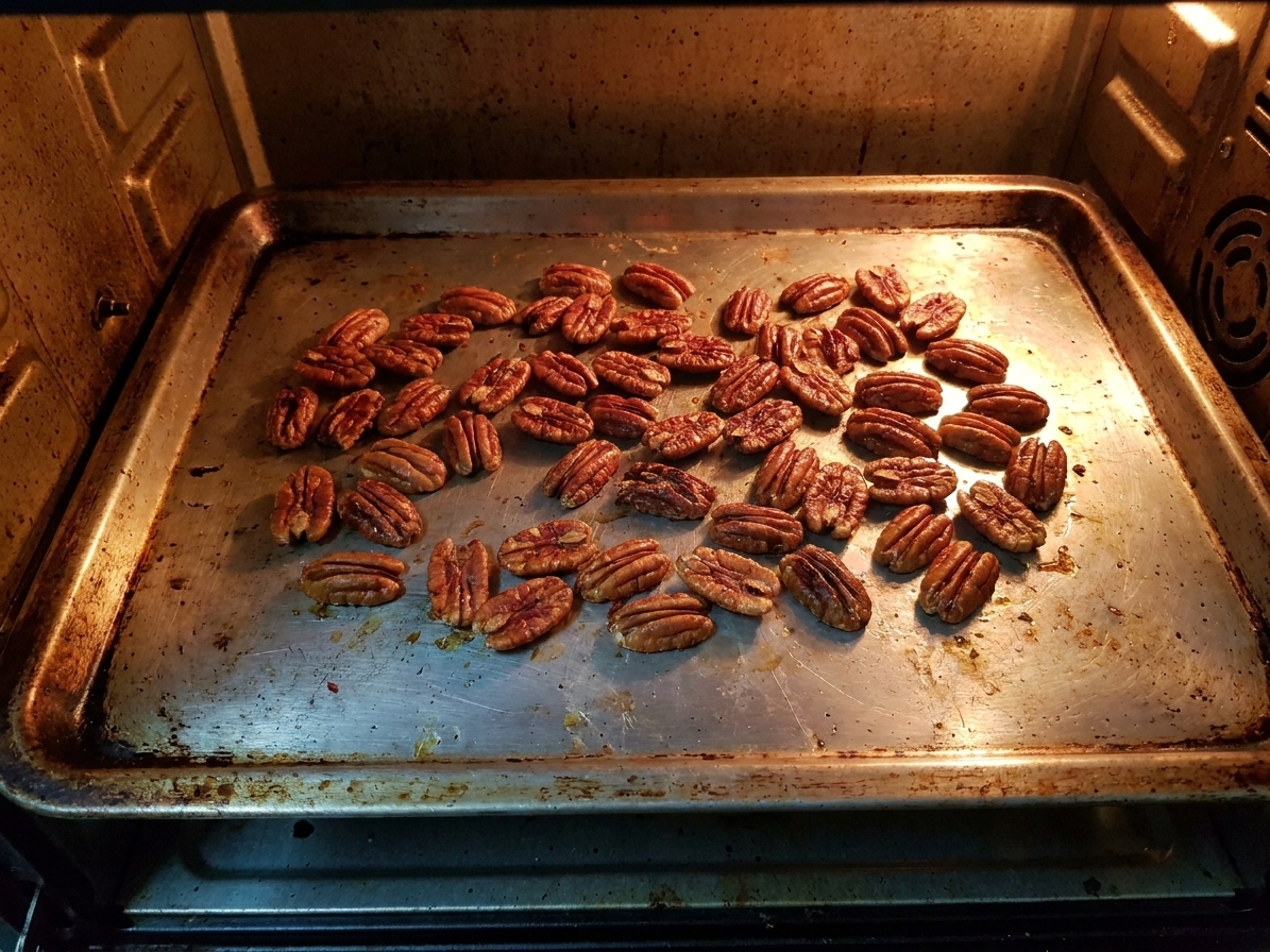 Pecan halves toasting on a metal sheet pan in a warm oven light, mid-toast