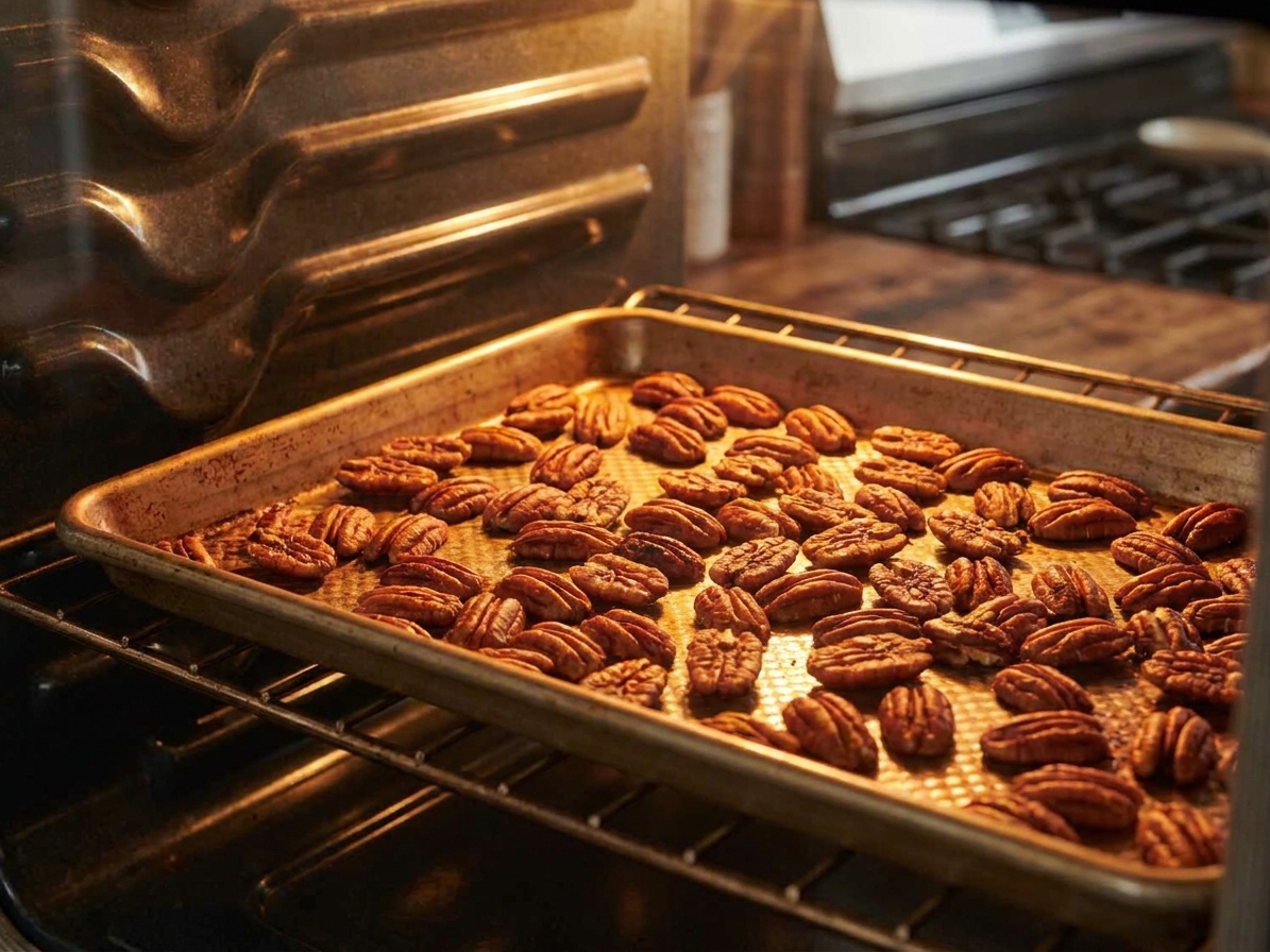 Pecan halves toasting on a sheet pan inside the oven